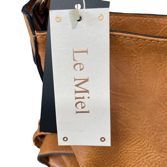 Le Miel Vegan Leather Tote Crossbody Bag Cognac Brown Large Braided Strap - Picture 3 of 14